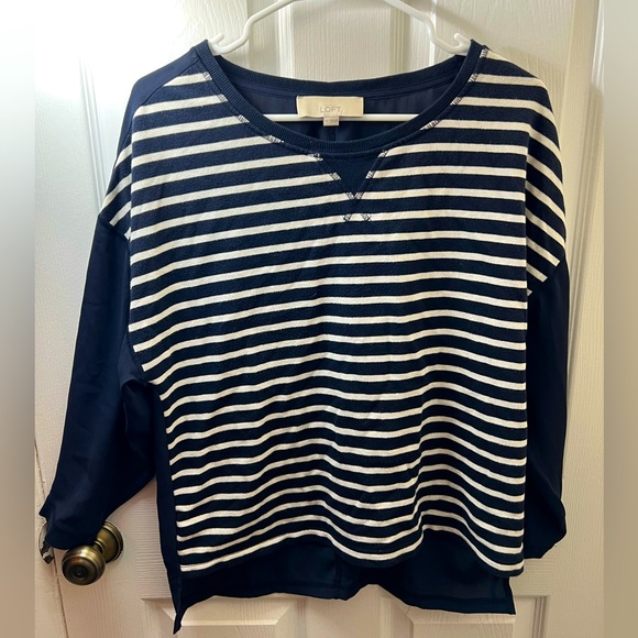 LOFT Medium Navy & White Striped Blouse w/ Sheer Navy Back - Picture 1 of 6
